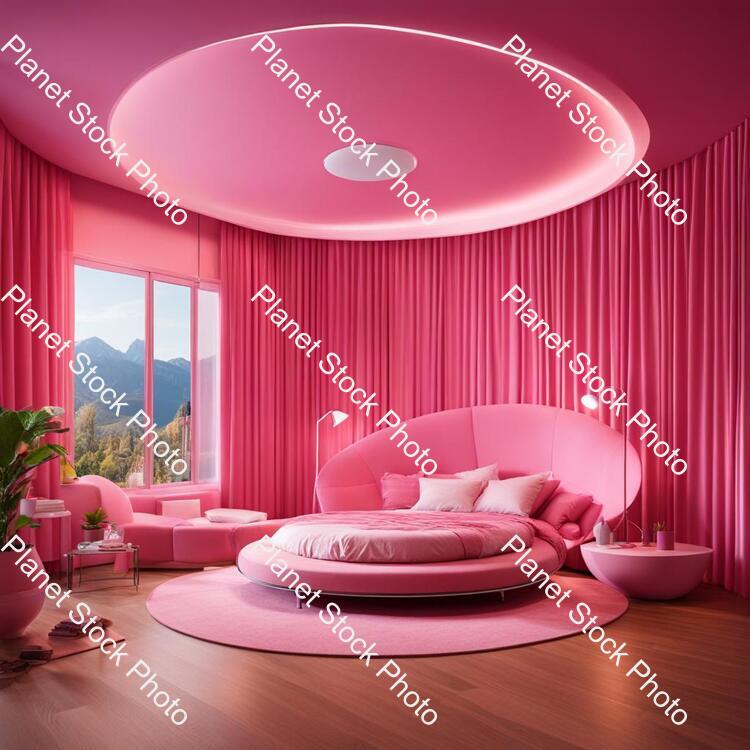A Berbie Room with Pink Color Background Round Bed 2 Charis Bg Teedy Bear Laptop Table Led Tv Pink Curtains stock photo with image ID: ed312244-6566-48bd-a4d7-63f9730391b2