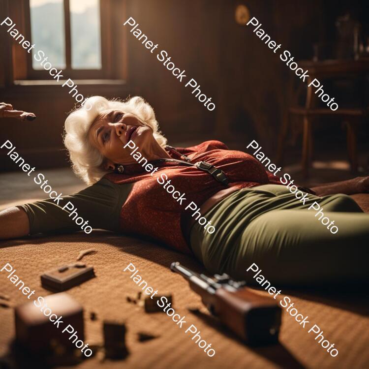 Sexy Grandma Fell in a Gunfight and Lies on Her Back stock photo with image ID: ef55f380-b120-442f-b8b7-887ab40633c7