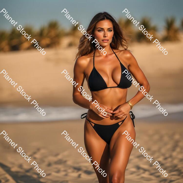 A sexy blonde in a black bikini splashes on the beach with a sexy big ass and shapely breasts stock photo with image ID: f7b1ebb2-b77d-4455-93ef-eea25db302d2