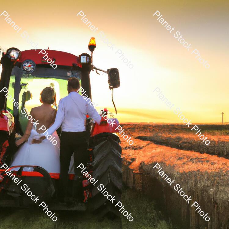 A Newly Married Couple Driving a Tractor Through the Grain Field Towards the Horizon at Sunset stock photo with image ID: fc06d38a-934c-4ed7-8a72-78038d0e01d8