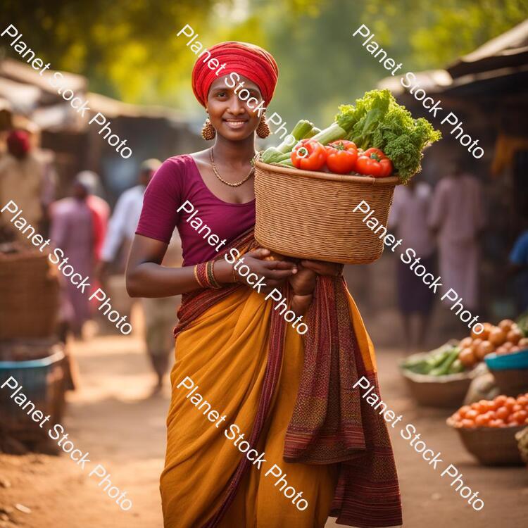 A Village Girl in the Local Market with a Turban on the Head Carrying a Basket of Vegetables stock photo with image ID: fcd6c5f1-4345-4fa0-b7f2-912869ddb34c