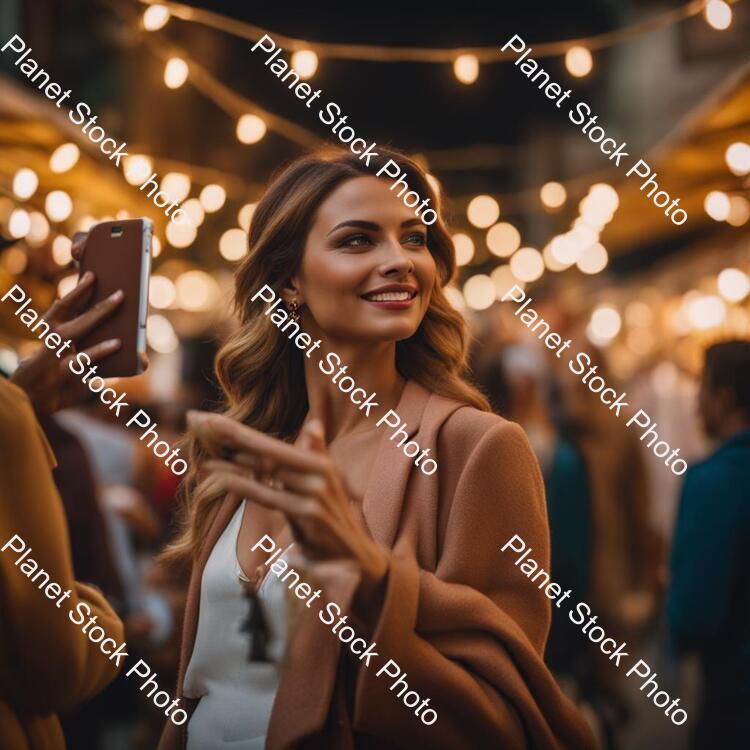 Show a Lady in a Modern Day Market Taking Selfies and the People Are Gathered Around Her stock photo with image ID: fe07d304-43e6-42c9-8cb0-ed41995c1778