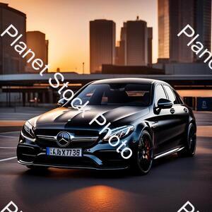 Draw a Mercedes C63s 2023 in Black Color. 4k Quality. The Car Parked in the Middle of the City. Time Sunset. the Car Is Realistic stock photo with image ID: 045be3da-967f-4336-ae25-5e03bf28d8a3