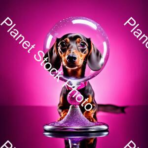 Miniature Dachshund Silver Dapple with Pink Collar Sat in a Martini Glass on a Stage with Glitter Ball Overhead stock photo with image ID: 0d71770a-dba8-4588-a11d-e7d7617178b8
