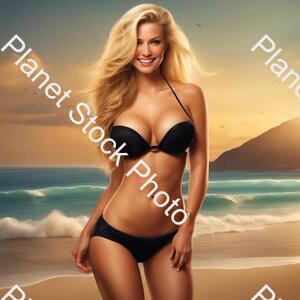 Draw a Woman in a Black Bikini. the Woman Has European-style Long Blonde Hair. with Big Breasts. with a Pretty Waist. It Has a Shapely Butt. in the Picture, It Is a Little Dirty. He Has a Mischievous Grin and a Beautiful Face. and the Beach Is the stock photo with image ID: 0f6a8479-b70a-482d-9fb6-bc6360b5969f