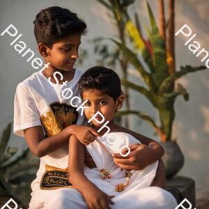 A Boy Name with Meher on His White Tshirt in Black Letters and a Girl Sits Side to Him and Wears a Sari of Colour Black and Having a Pussy in Hand stock photo with image ID: 18a60f22-b38a-46a0-aab8-a1a42d570478