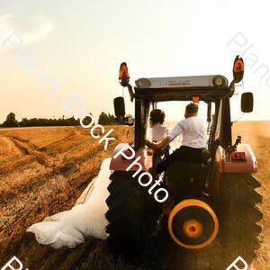 A Newly Married Couple Driving a Tractor Through the Grain Field Towards the Horizon at Sunset stock photo with image ID: 190c4a11-f1c8-437a-921a-501395fcb44d