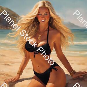 Draw a Woman in a Black Bikini. the Woman Has European-style Long Blonde Hair. with Big Breasts. with a Pretty Waist. It Has a Shapely Butt. in the Picture, It Is a Little Dirty. He Has a Mischievous Grin and a Beautiful Face. and the Beach Is the stock photo with image ID: 29e2c67a-771e-4c91-b609-6ee3659ede2f