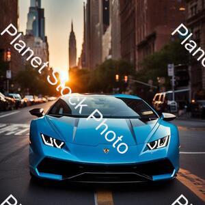 Draw a Lamborghini Huracán in Skye Blue Color, the Car Are So Realistic, and Parking in the New York City Street, the Time Is Sunset, the City and the Car Are So Beautiful, the Lamborghini Huracán Is Realistic Like the Life stock photo with image ID: 3f2be490-587b-4acd-8fa2-9469244e9729