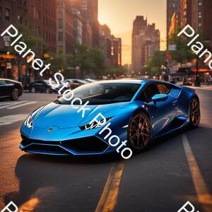 Draw a Lamborghini Huracán in Skye Blue Color, the Car Are So Realistic, and Parking in the New York City Street, the Time Is Sunset, the City and the Car Are So Beautiful, the Lamborghini Huracán Is Realistic Like the Life stock photo with image ID: 637ba258-d01e-45b4-998f-562e3ba3aec6
