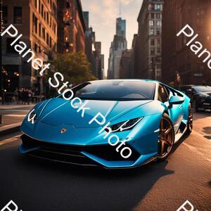 Draw a Lamborghini Huracán in Skye Blue Color, the Car Are So Realistic, and Parking in the New York City Street, the Time Is Sunset, the City and the Car Are So Beautiful, the Lamborghini Huracán Is Realistic Like the Life stock photo with image ID: 66101947-b548-41f1-8c2a-6e3ef027dedc