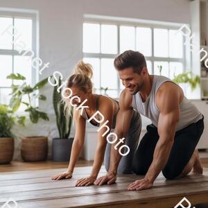 A Young Couple Working Out at Home stock photo with image ID: 670ed12a-a6cb-4c9f-a870-bb434bc7acd2