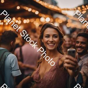 Show a Lady in a Modern Day Market Taking Selfies and the People Are Gathered Around Her stock photo with image ID: 6784109a-c1e7-4308-9341-e1230f713ebe