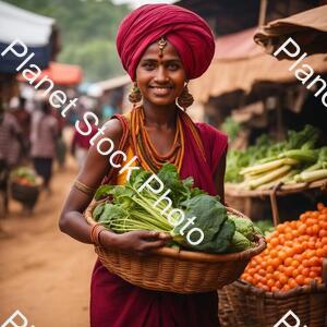 A Village Girl in the Local Market with a Turban on the Head Carrying a Basket of Vegetables stock photo with image ID: 68edeb6f-0dfc-4c7d-aeca-8b204207873d