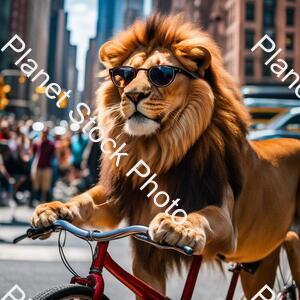 Draw a Lion Riding a Bicycle in New York City and the Lion Is Wearing Glasses. in the Background, Amazed People Look On. the Weather Is Sunny. Very Clear Quality. 4k Quality stock photo with image ID: 6ca90dc2-ace3-4487-b9c4-fa01ba8f4f67