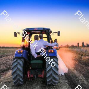 A Newly Married Couple Driving a Tractor Through the Grain Field Towards the Horizon at Sunset stock photo with image ID: 7bafa140-18bf-4a04-aa99-221a91942fe5