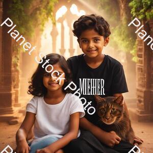 A Boy Name with Meher on His White Tshirt in Black Letters and a Girl Sits Side to Him and Wears a Sari of Colour Black and Having a Pussy in Hand stock photo with image ID: 7cb33b64-f64c-40b1-9981-00e540a81d4a