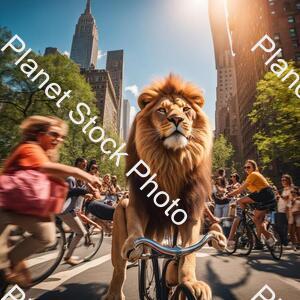 Draw a Lion Riding a Bicycle in New York City and the Lion Is Wearing Glasses. in the Background, Amazed People Look On. the Weather Is Sunny. Very Clear Quality. 4k Quality stock photo with image ID: 7ea787fa-17dc-412e-81d5-d489a2358540