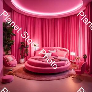 A Berbie Room with Pink Color Background Round Bed 2 Charis Bg Teedy Bear Laptop Table Led Tv Pink Curtains stock photo with image ID: 897a7680-510c-47da-9336-1de13b5c0c6c