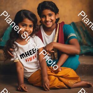 A Boy Name with Meher on His White Tshirt in Black Letters and a Girl Sits Side to Him and Wears a Sari of Colour Black and Having a Pussy in Hand stock photo with image ID: 90727b3f-84bf-42f8-a78b-8417228edb81