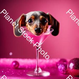 Miniature Dachshund Silver Dapple with Pink Collar Sat in a Martini Glass on a Stage with Glitter Ball Overhead stock photo with image ID: 98090aa1-f914-4d39-99ce-fd792817c693