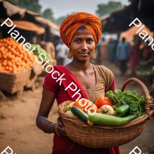 A Village Girl in the Local Market with a Turban on the Head Carrying a Basket of Vegetables stock photo with image ID: 98e12ccf-8d31-4fbe-b3f2-1ac043966a98