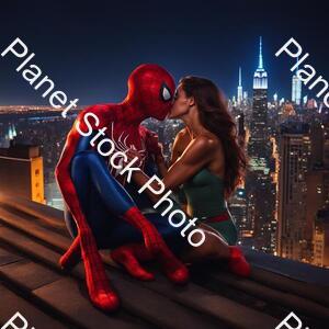 Draw Spiderman in New York City at Night on a Rooftop while Kissing His Girlfriend Spiderman Is Muscular His Girlfriend Is Amazing the Night City Is Magnificently Beautiful Romantic Picture 4k Quality stock photo with image ID: 9a48f0bb-dedd-488f-917f-2f0f2541e827