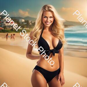 Draw a Woman in a Black Bikini. the Woman Has European-style Long Blonde Hair. with Big Breasts. with a Pretty Waist. It Has a Shapely Butt. in the Picture, It Is a Little Dirty. He Has a Mischievous Grin and a Beautiful Face. and the Beach Is the stock photo with image ID: 9f3ce80d-817d-4bc4-be62-7700ea5ce823