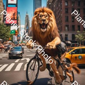 Draw a Lion Riding a Bicycle in New York City and the Lion Is Wearing Glasses. in the Background, Amazed People Look On. the Weather Is Sunny. Very Clear Quality. 4k Quality stock photo with image ID: a5c8b505-7ed9-4f7a-b569-989109d59e28