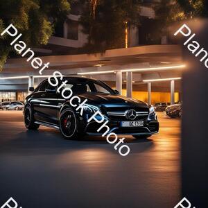 Draw a Mercedes C63s 2023 in Black Color. 4k Quality. the Car Park in the Middle of the City. Time Sunset. the Car Is Realistic stock photo with image ID: ab0c0dd4-1cec-409f-84ec-7ad4457aaccd