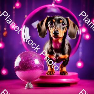 Miniature Dachshund Silver Dapple with Pink Collar Sat in a Martini Glass on a Stage with Glitter Ball Overhead stock photo with image ID: aecb07f6-89e9-494a-93b2-03c52d90a17a