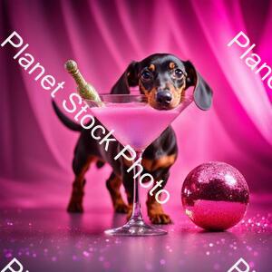 Miniature Dachshund Silver Dapple with Pink Collar Sat in a Martini Glass on a Stage with Glitter Ball Overhead stock photo with image ID: b5c53f00-2669-4cdf-b9ed-b2dad11aeeb1