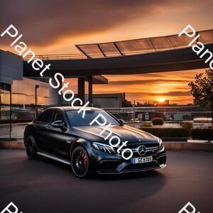 Draw a Mercedes C63s 2023 in Black Color. 4k Quality. The Car Parked  in the Middle of the City. Time Sunset. the Car Is Realistic stock photo with image ID: cc3244f2-ea50-4396-b20d-8ede901e60e1