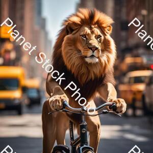 Draw a Lion Riding a Bicycle in New York City and the Lion Is Wearing Glasses. in the Background, Amazed People Look On. the Weather Is Sunny. Very Clear Quality. 4k Quality stock photo with image ID: cd9b36c1-2bff-4777-a33d-a28e296a9349