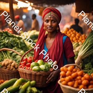 A Village Girl in the Local Market with a Turban on the Head Carrying a Basket of Vegetables stock photo with image ID: d1b7d695-993a-47ce-bfbb-9f5fac9762e9