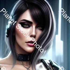 Ultra Realistic Close Up Portrait ((beautiful Pale Cyberpunk Female with Heavy Black Eyeliner)) stock photo with image ID: dcb9d46b-1d37-4867-b265-889a12500032