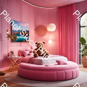A Berbie Room with Pink Color Background Round Bed 2 Charis Bg Teedy Bear Laptop Table Led Tv Pink Curtains stock photo with image ID: e24c93fc-103b-4269-b1f8-64d9ba2e3e9c