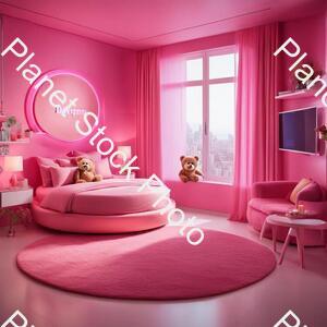 A Berbie Room with Pink Color Background Round Bed 2 Charis Bg Teedy Bear Laptop Table Led Tv Pink Curtains stock photo with image ID: e7758e2c-4462-470f-a825-9657145c0adb
