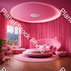 A Berbie Room with Pink Color Background Round Bed 2 Charis Bg Teedy Bear Laptop Table Led Tv Pink Curtains stock photo with image ID: ed312244-6566-48bd-a4d7-63f9730391b2