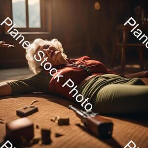 Sexy Grandma Fell in a Gunfight and Lies on Her Back stock photo with image ID: ef55f380-b120-442f-b8b7-887ab40633c7