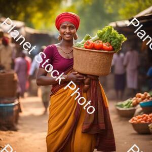 A Village Girl in the Local Market with a Turban on the Head Carrying a Basket of Vegetables stock photo with image ID: fcd6c5f1-4345-4fa0-b7f2-912869ddb34c
