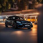 Draw a Mercedes C63s 2023 in Black Color. 4k Quality. the Car Park in the Middle of the City. Time Sunset. the Car Is Realistic.