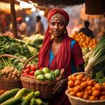 A Village Girl in the Local Market with a Turban on the Head Carrying a Basket of Vegetables