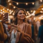 Show a Lady in a Modern Day Market Taking Selfies and the People Are Gathered Around Her