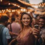 Show a Lady in a Modern Day Market Taking Selfies and the People Are Gathered Around Her