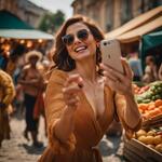Show a Lady in a Modern Day Market Taking Selfies and the People Are Gathered Around Her