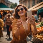 Show a Lady in a Modern Day Market Taking Selfies and the People Are Gathered Around Her