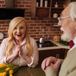 Creepy Grandpa Laughing Cutely while Staring at His Beautiful Wife Who Is Smiling Creepily