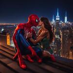 Draw Spiderman in New York City at Night on a Rooftop while Kissing His Girlfriend Spiderman Is Muscular His Girlfriend Is Amazing the Night City Is Magnificently Beautiful Romantic Picture 4k Quality