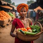 A Village Girl in the Local Market with a Turban on the Head Carrying a Basket of Vegetables